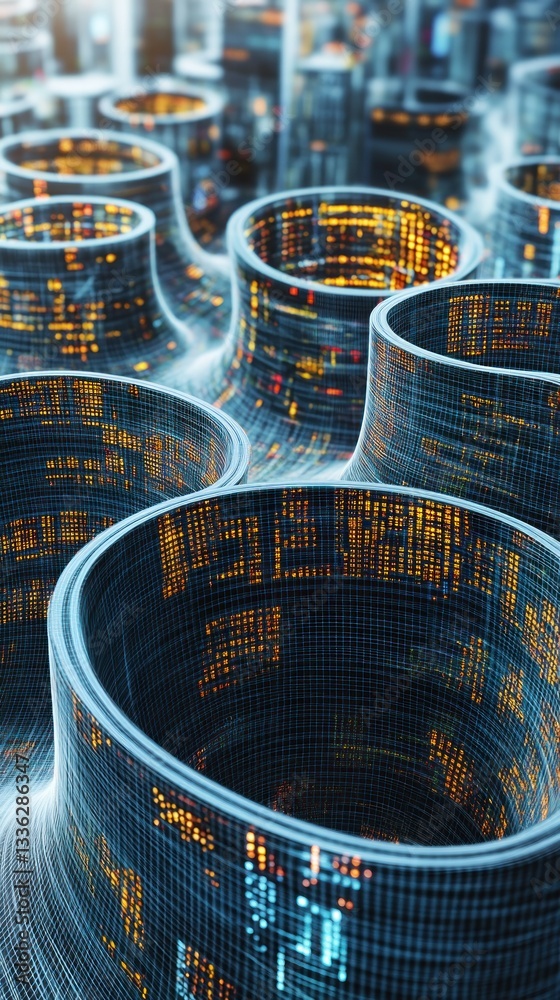 Poster Abstract data visualization presenting information as digital cylinder structures