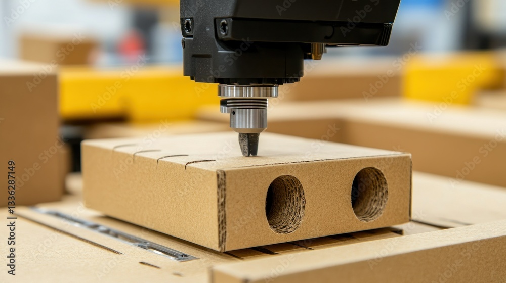 Poster a precise machine is cutting a cardboard packaging material