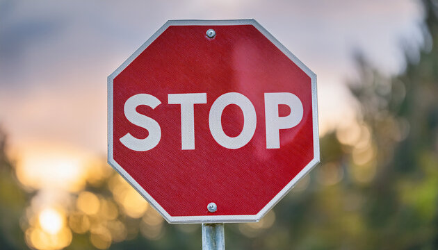 Classic red stop sign, octagon with bold white lettering, set against blurred bokeh background.