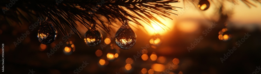 Poster sparkling ornaments hang from a pine branch in the warm sunlight