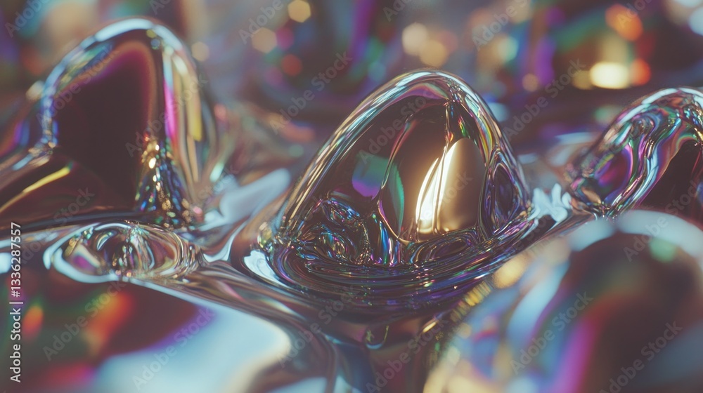 Poster abstract iridescent liquid shapes reflecting different light sources and colors