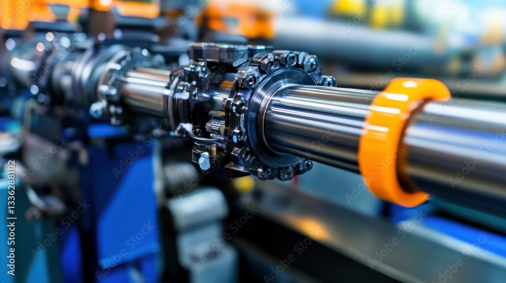 Poster industrial metallic machine component with circular attachments and cylinders