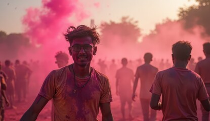 laughing indian people enjoying traditional holi celebrations