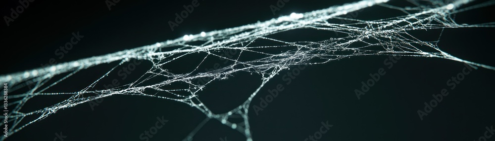 Poster a closeup of a delicate web against a dark backdrop