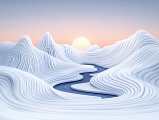 Serene landscape of flowing white mountains with a winding river at sunset