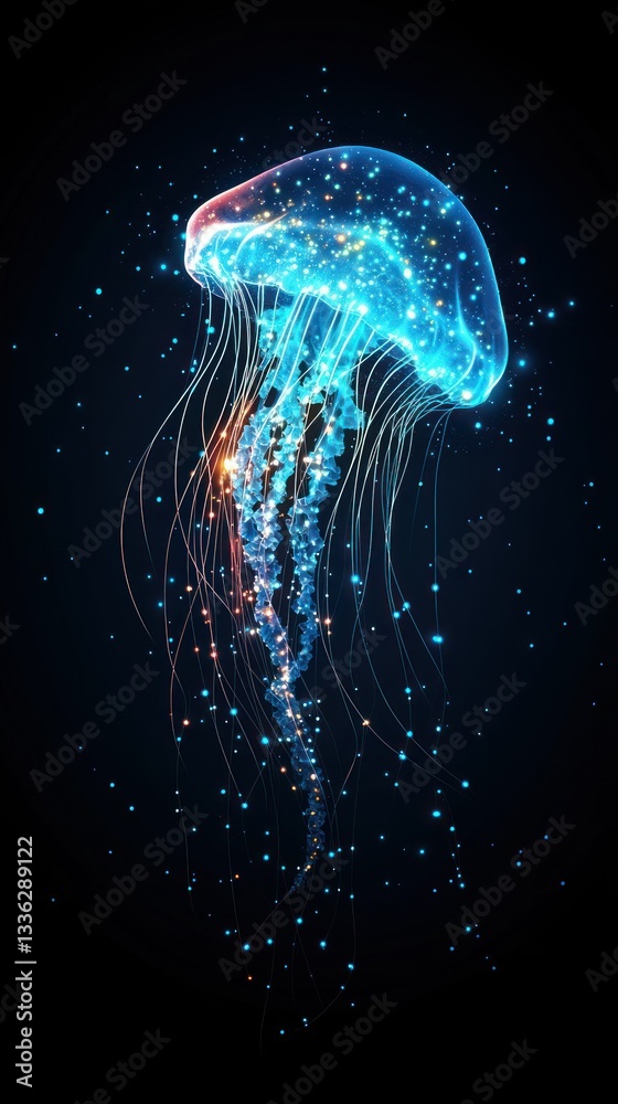 Poster a glowing illuminated jellyfish floating in a dark watery background