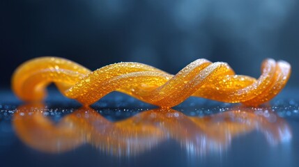 A vibrant, twisted orange candy on a reflective surface with a soft-focus background