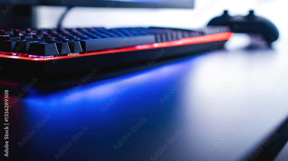 Poster A modern gaming keyboard with illuminated keys on a desk