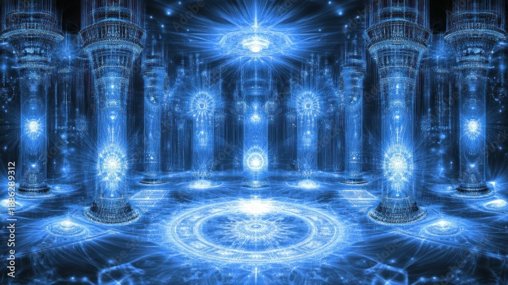 Aufkleber A futuristic hall illuminated with blue glowing columns and patterns
