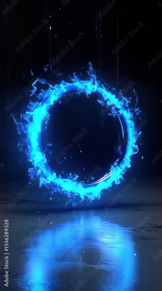 Poster a glowing blue circle surrounded by animated flames floating upward