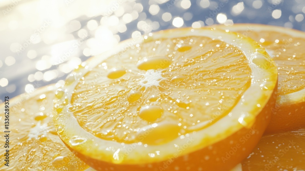 Poster close up view of sliced oranges with water droplets