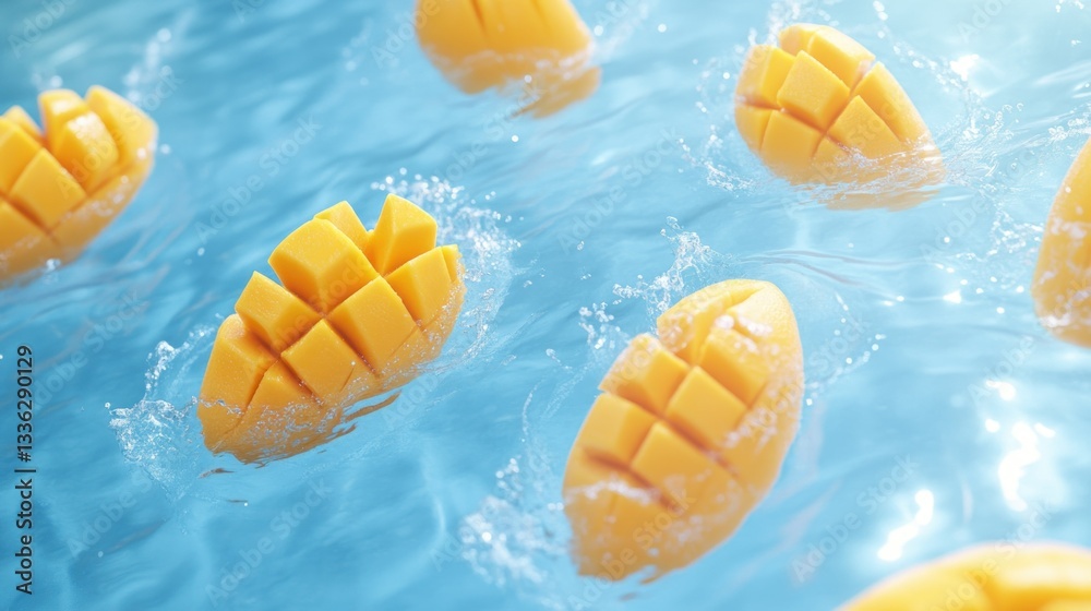 Poster cubed yellow mango pieces floating in clear turquoise water with splashes