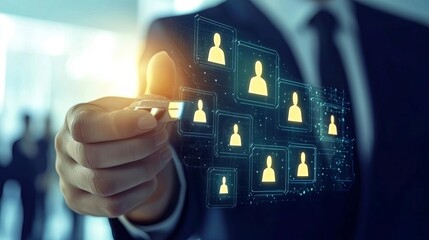 HR technology digital networking data-driven recruitment and futuristic workforce management. Person managing digital networking connections.