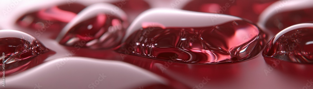 Poster several droplets of red liquid form a shallow arrangement on a surface