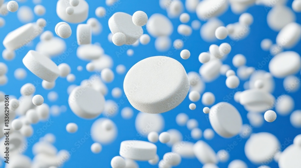 Poster floating white tablets and small spheres against a blue background