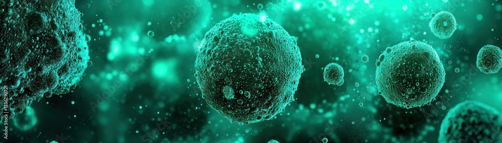 Poster microscopic illustration of many spherical cells in an abstract environment