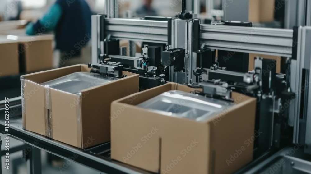 Poster boxes are being filled by a machine on a production line