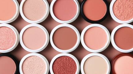 Fototapeta premium collection of soft earth toned makeup shades in round containers arranged neatly