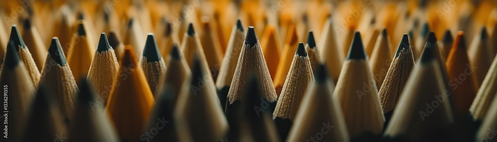 Poster numerous sharpened pencils arranged together in a close up shot