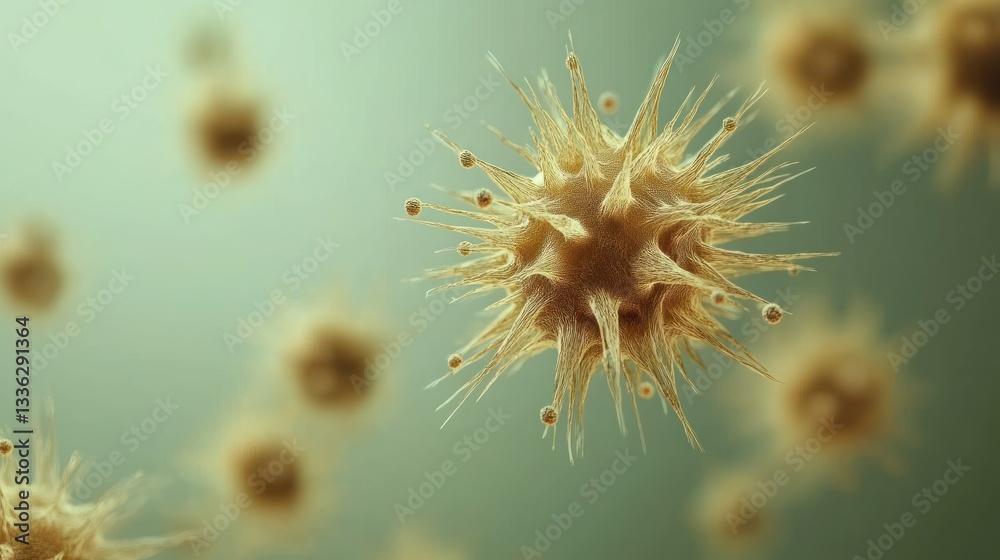 Poster Several microscopic virus particles with spiky protrusions in an image
