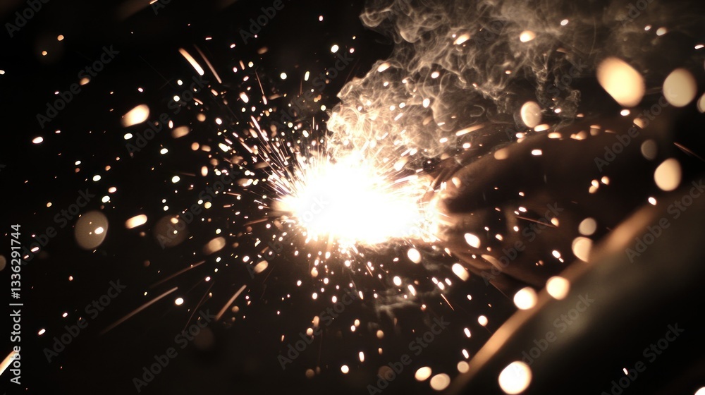 Aufkleber Intense welding sparks illuminated in a dimly lit workshop setting
