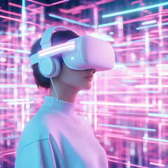 Experiencing virtual reality technology futuristic setting digital art immersive environment side view innovation concept