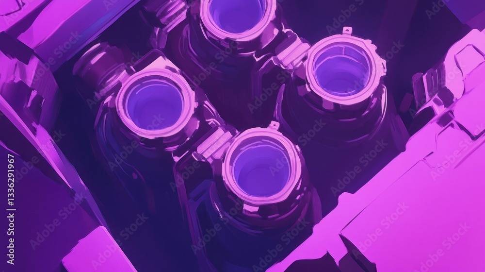 Poster Four circular metal objects with purple colored elements are visible