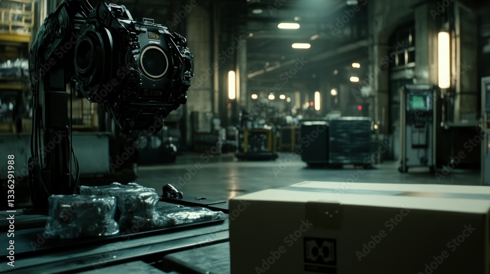 Poster an industrial robot in a factory setting near a cardboard box