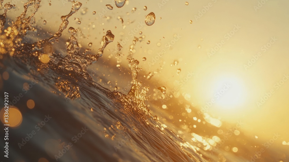 Poster golden sunlight illuminates splashing water droplets creating dynamic imagery