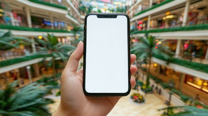 A hand holding a mobile phone in a large shopping mall