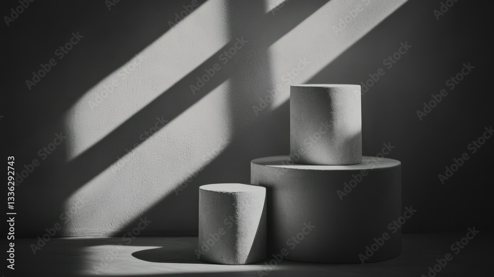 Poster three cylindrical forms are illuminated by natural window light