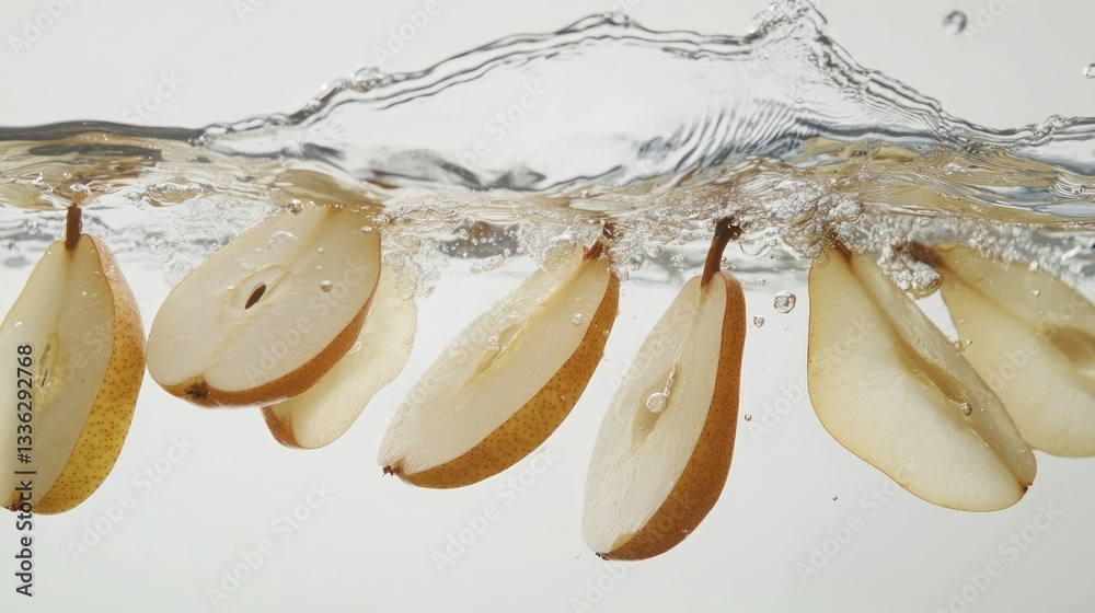 Poster Sliced pears splashing into water creating dynamic visual effects now