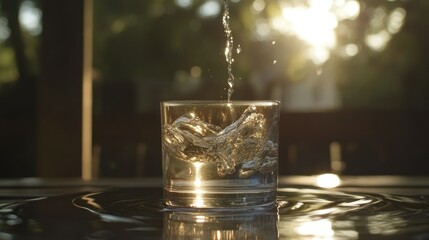 A glass of water being filled with a liquid stream