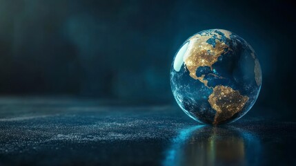 Glowing Earth Globe Showing City Lights at Night on Dark Surface