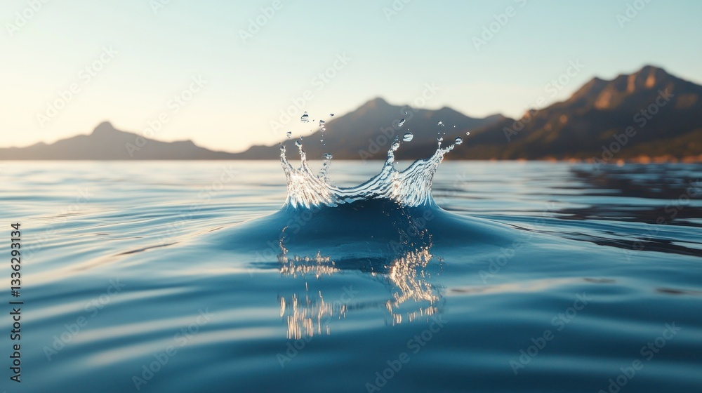 Poster a water splash creating a crown shape on calm ocean surface