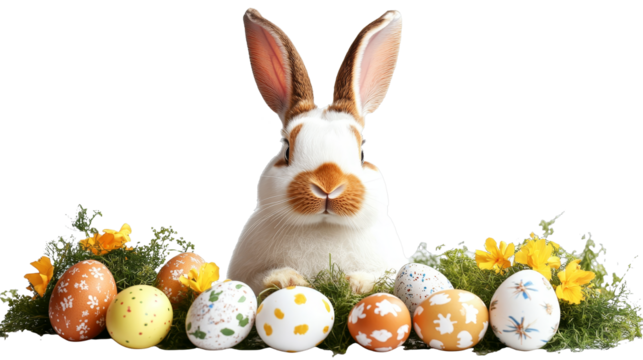 [Transparent Background PNG]Easter Bunny with Decorated Eggs