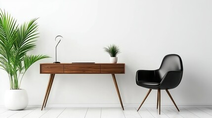 Modern minimalistic interior featuring desk chair and indoor plants