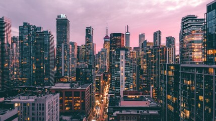 Obraz premium The tall urban cityscape showcases numerous contemporary modern skyscrapers at dusk