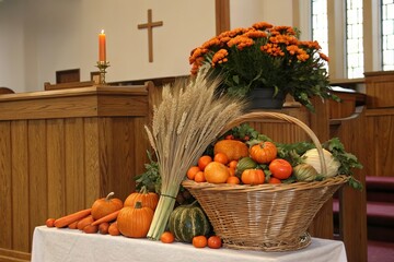 cornucopia on church altar with wheat and vegetable. Harvest festival and thanksgiving