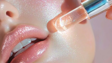 Fototapeta premium Close up of glossy lips with shimmering makeup and glowing lip gloss applicator