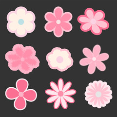 Pink flowers. Spring flowers. Pastel colors.  Collection of daisy and sunflowers . Graphic elements for decorations. Vector illustration.