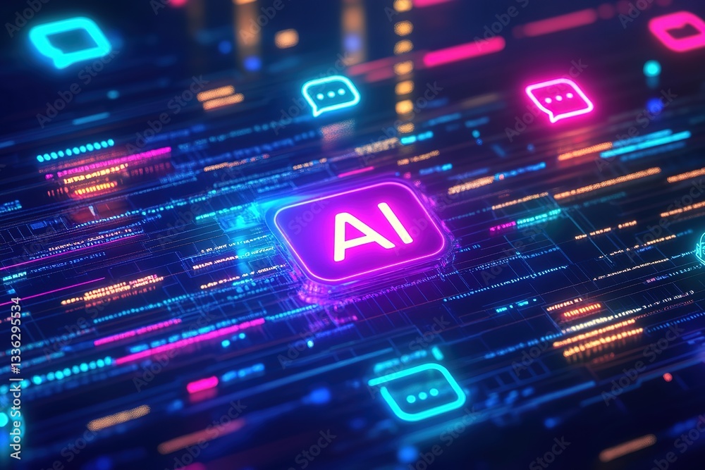 Wall mural ai technology neon interface futuristic digital chatbot and coding background