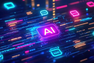 AI Technology Neon Interface Futuristic Digital Chatbot and Coding Background