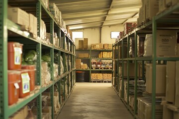Interior of a warehouse with shelves full of various goods.