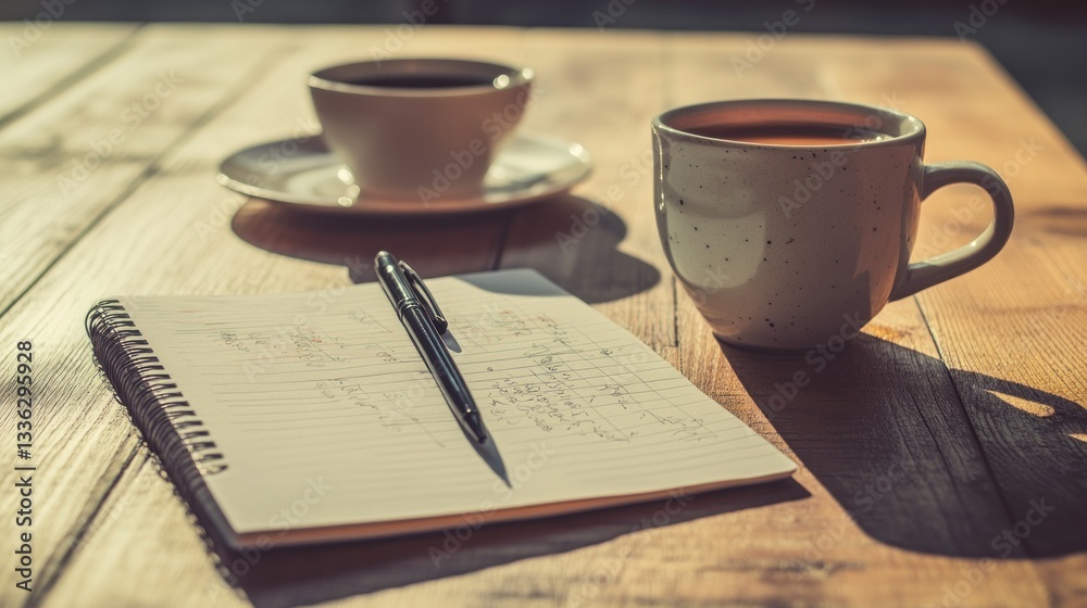 Poster two cups of coffee and a notepad on a wooden table