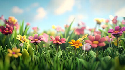 Beautiful blurred background image of spring nature with a neatly trimmed lawn surrounded by trees against a blue sky with clouds on a bright sunny day.	