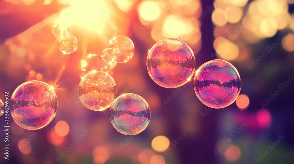 Poster Several iridescent soap bubbles are floating with a sunlight background