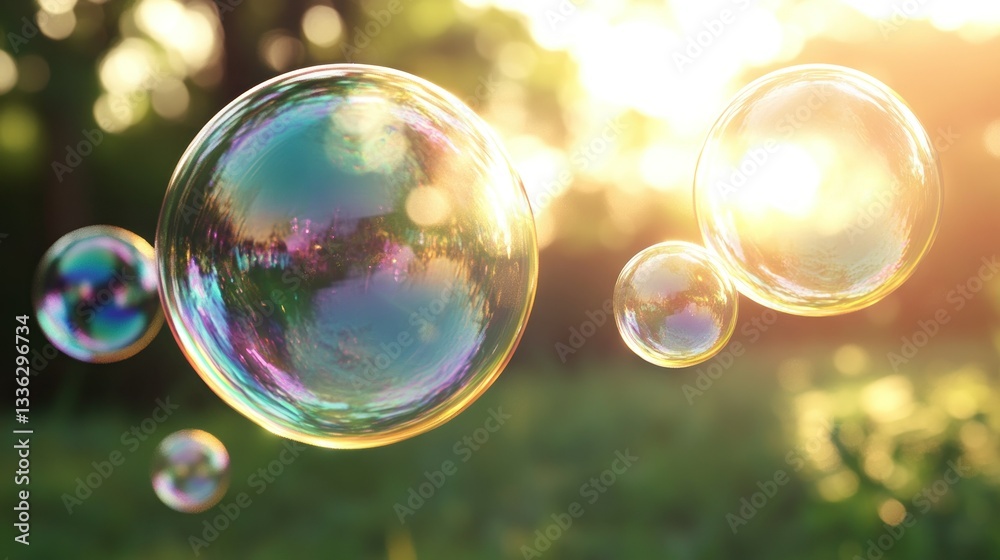 Poster several iridescent soap bubbles floating in sunlit natural environment