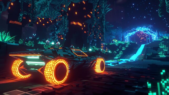 A futuristic car with glowing wheels, zooming through a dark, pixelated forest in a virtual game world, with NFT creatures lurking in the shadows