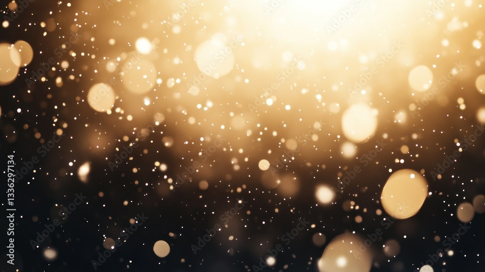 Poster Glowing golden bokeh particles on a dark abstract background